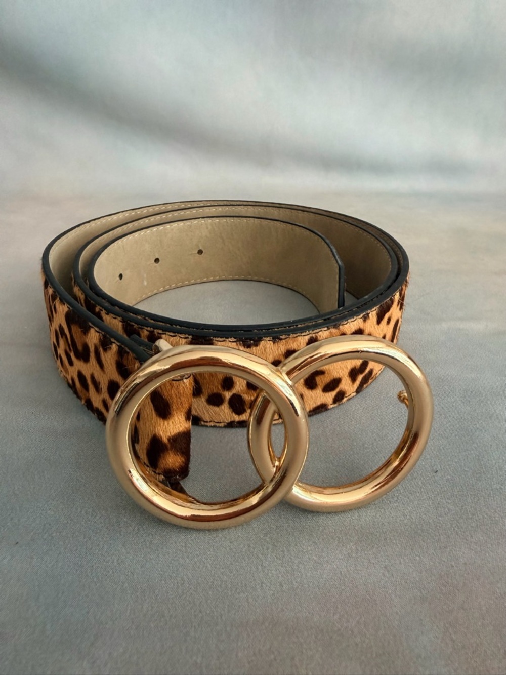 Express Leopard Print Double-Ring Belt with Gold Buckles